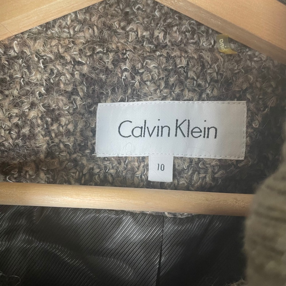 Calvin Klein Womens Wool Blend Double Breasted Belted Coat Taupe Tweed 10 NWT - Picture 2 of 9